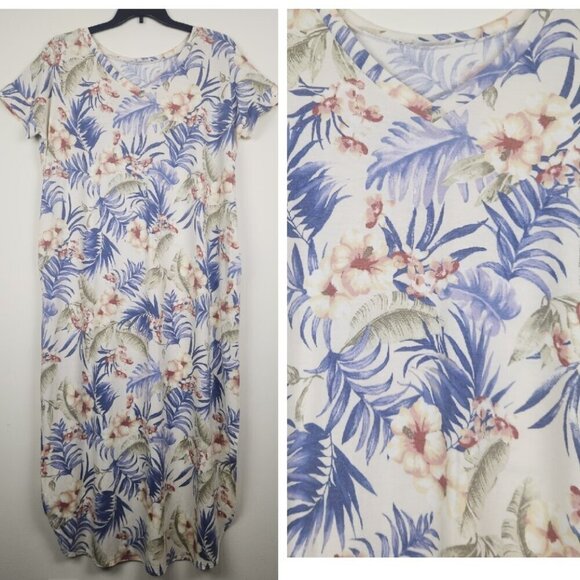 Zenana Size XL Floral Tropical Short Sleeve Stretch Casual Maxi Dress w/Pockets - Picture 1 of 11